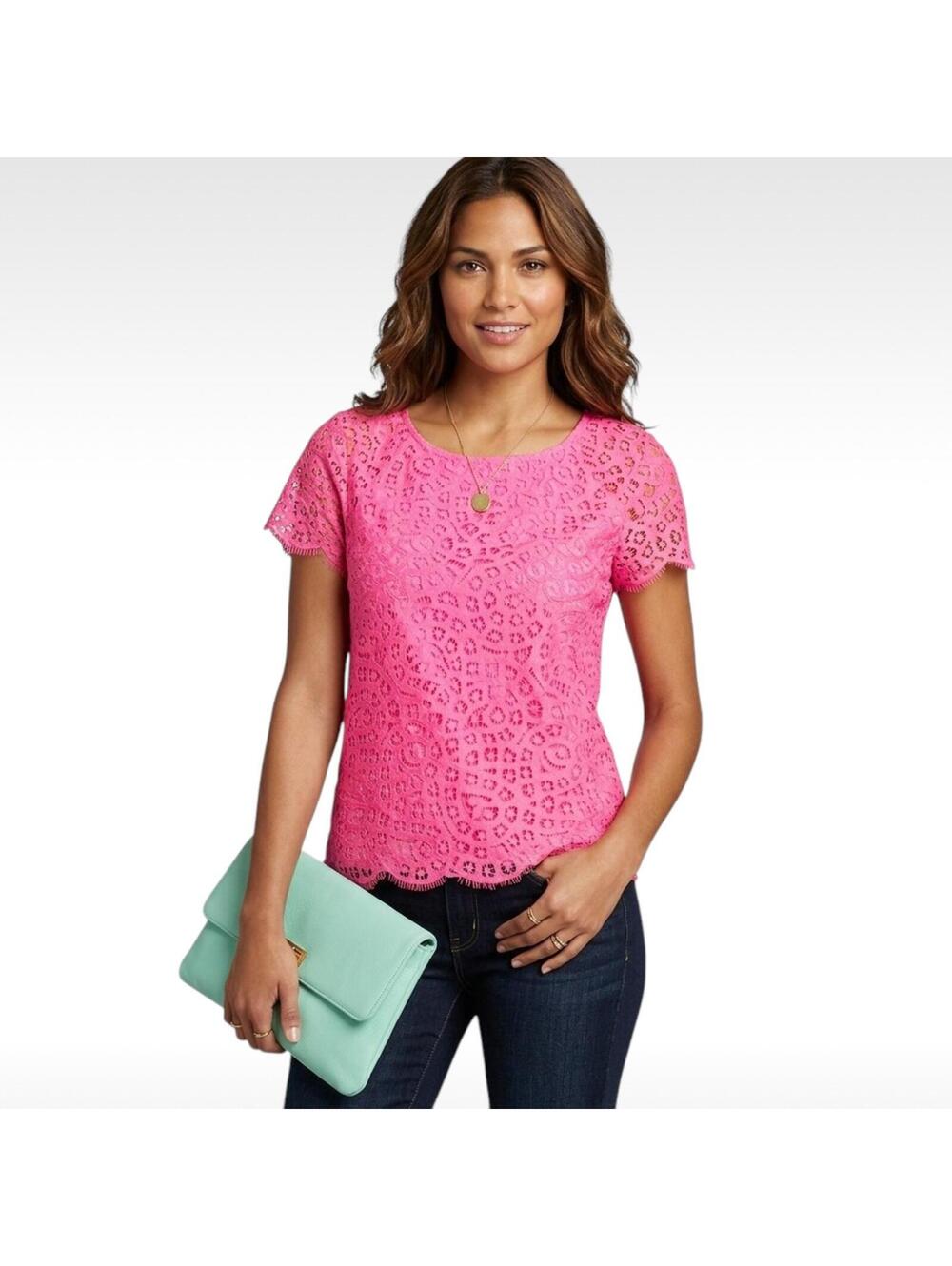 J. Crew Size 10 Raindrop Lace Pink Short Sleeve Blouse Scalloped EUC